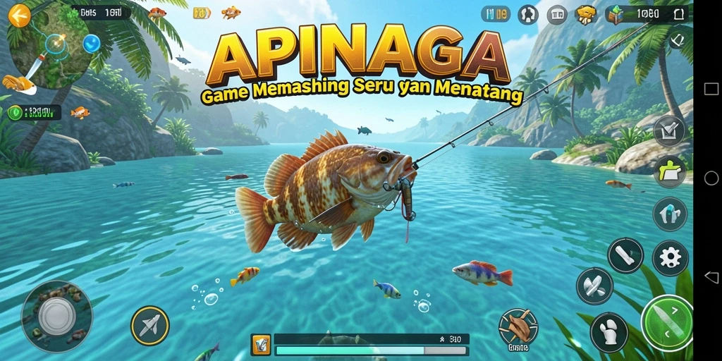 Screenshot gameplay APINAGA yang menampilkan aksi memancing di danau.