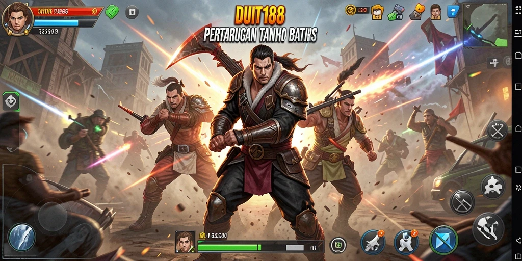 Screenshot gameplay DUIT188 yang intens dengan pertarungan karakter unik.