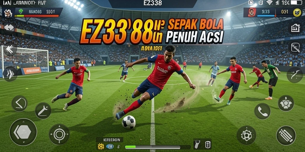 Gameplay EZ338 menampilkan aksi seru di lapangan sepak bola.