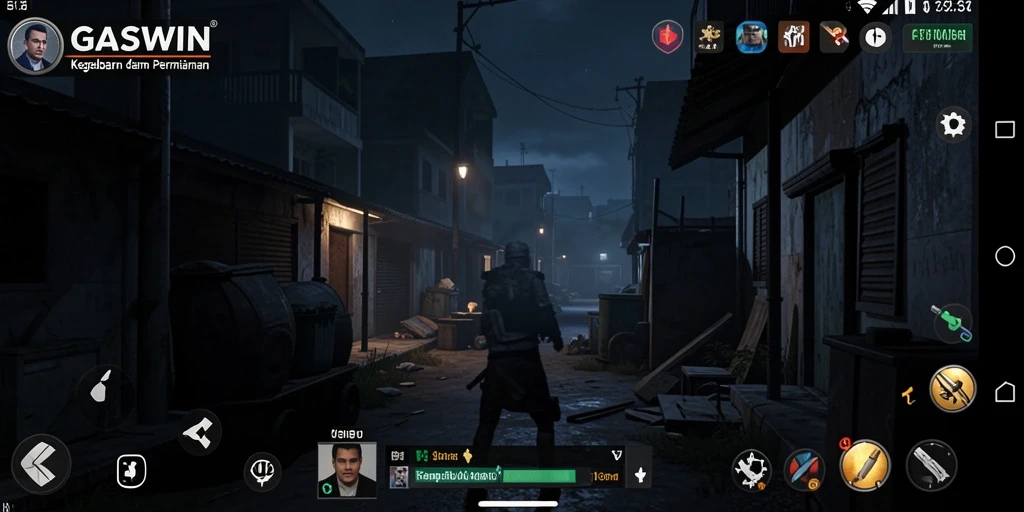 Tampilan gameplay GASWIN dengan suasana yang menakutkan dan grafis yang memukau.